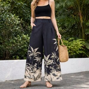 Farm Rio Black Tropical Palm Print Wide Leg Pants Size L Resort Coastal Vacation
